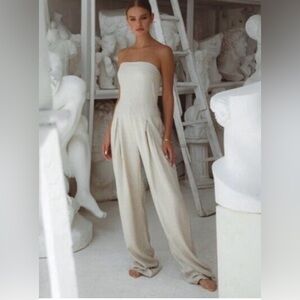 PAMPELONE Khaki Linen Blend Strapless Wide Leg Jumpsuit